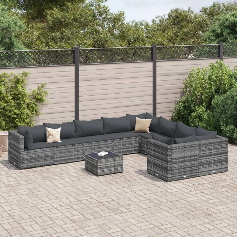 vidaXL 10-del. havesofasæt med polyrattan og grå hynder