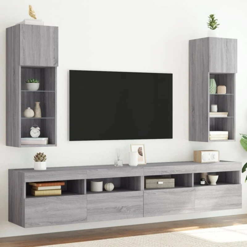 vidaXL tv-borde 2 stk. grå sonoma-eg 30,5x30x90 cm med LED-lys
