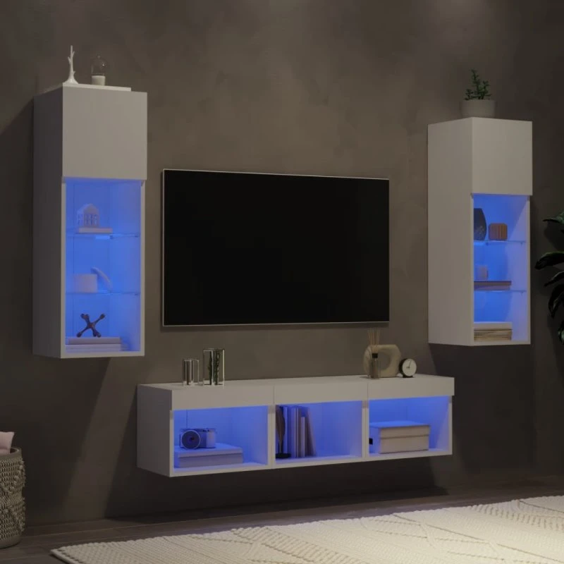 vidaXL TV-møbel til væg 5 dele hvid med LED-lys