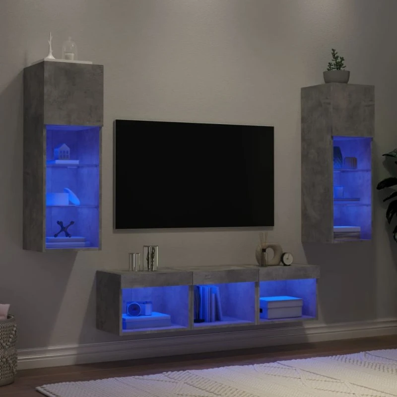 vidaXL Væg-TV-møbel 5 dele, konstrueret træ, betongrå med RGB-LED