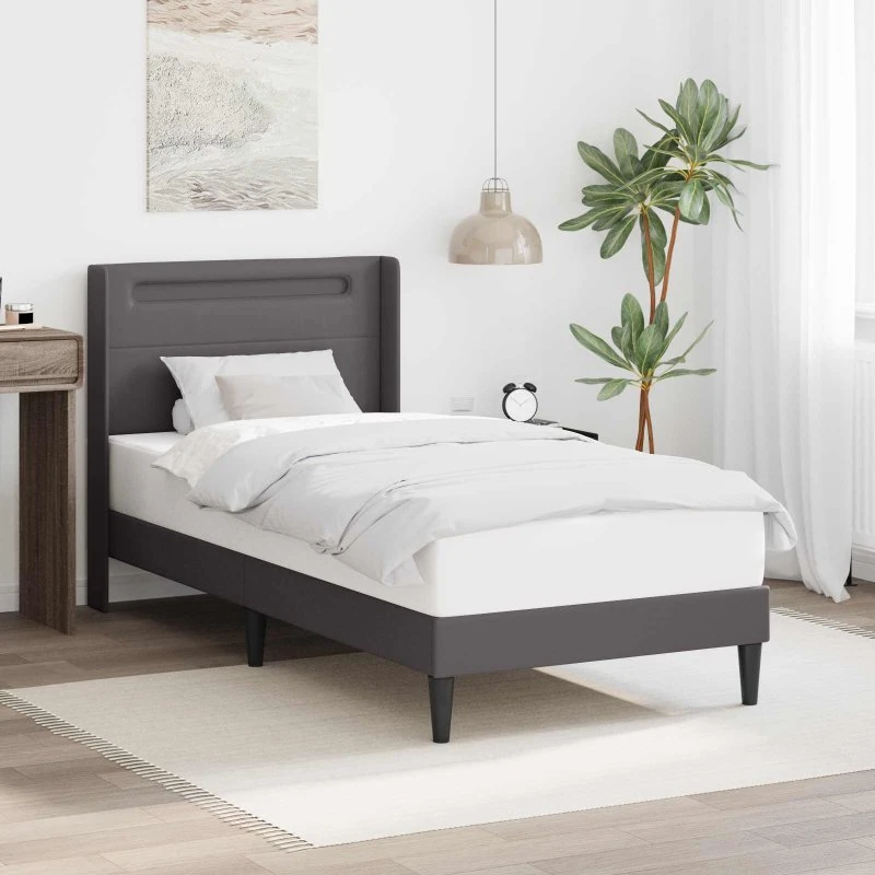 vidaXL Sengestel med LED-lysstrimler Grå 90x190 cm Kunstlæder