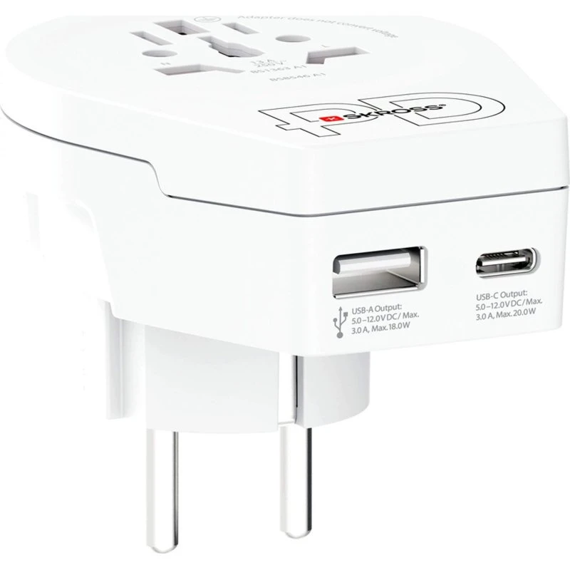 SKROSS Reseadapter World to Europe USB-A/C 20W jordet