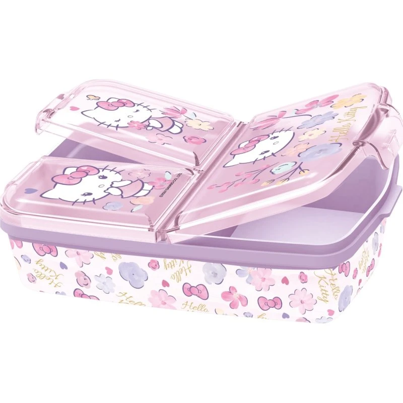 Hello Kitty Madkasse med 3 Rum, Hvid/Lyserød/Lilla