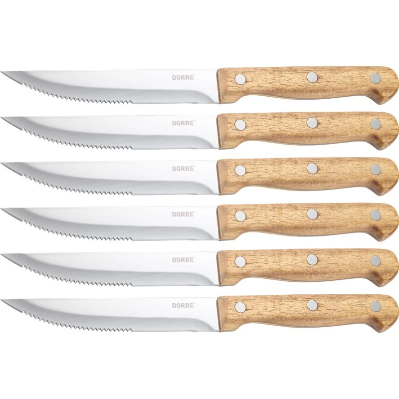 Dorre BBQ Steakkniv, 6 stk., rustfrit stål, akacietræ