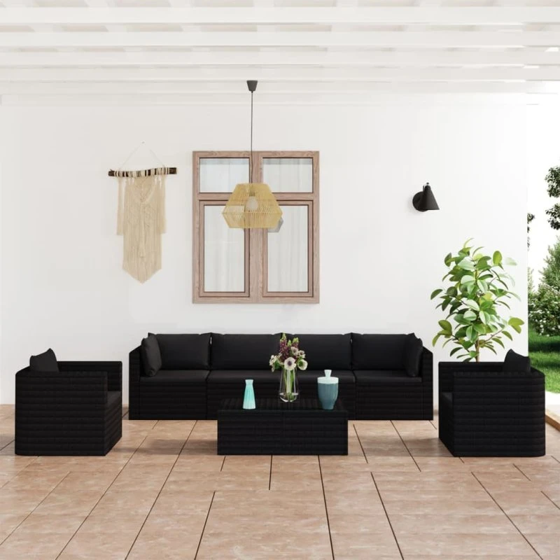 vidaXL 7-deles loungesæt med hynder, polyrattan, sort