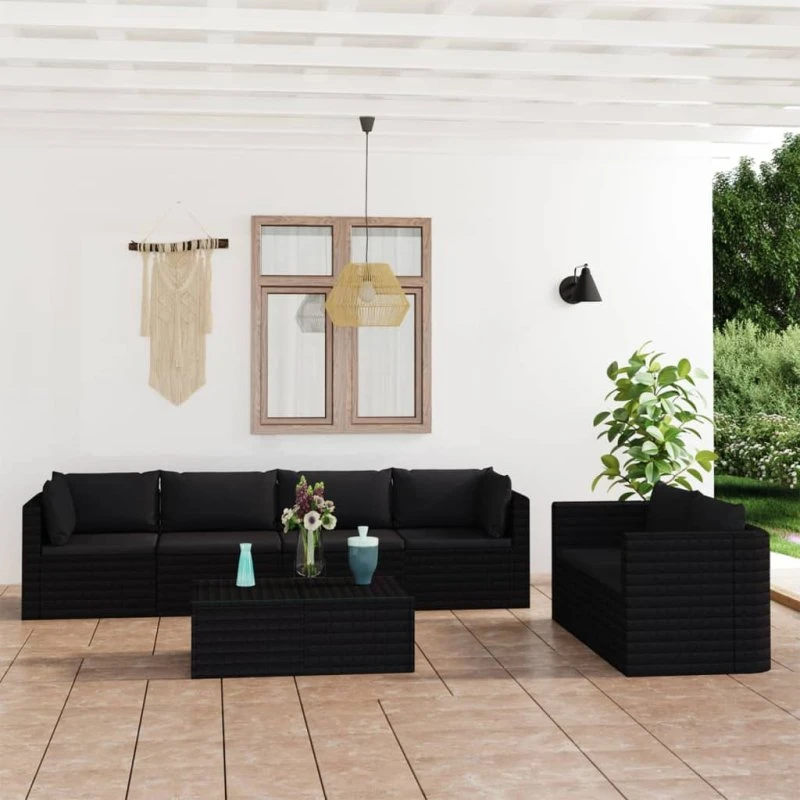 vidaXL 7-deles loungesæt med hynder, polyrattan, sort