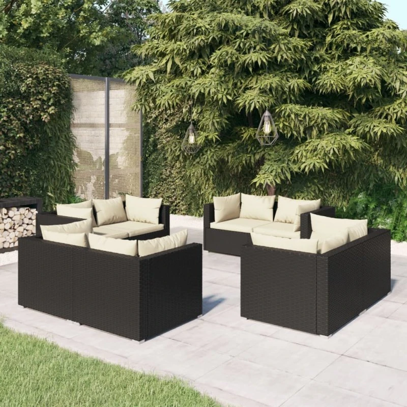 vidaXL 8-delssæt med hynder, polyrattan sort