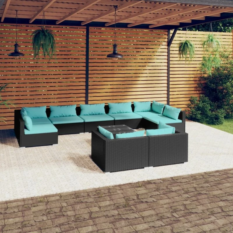vidaXL 10-del 2-4-5-sæt med hynder, polyrattan sort