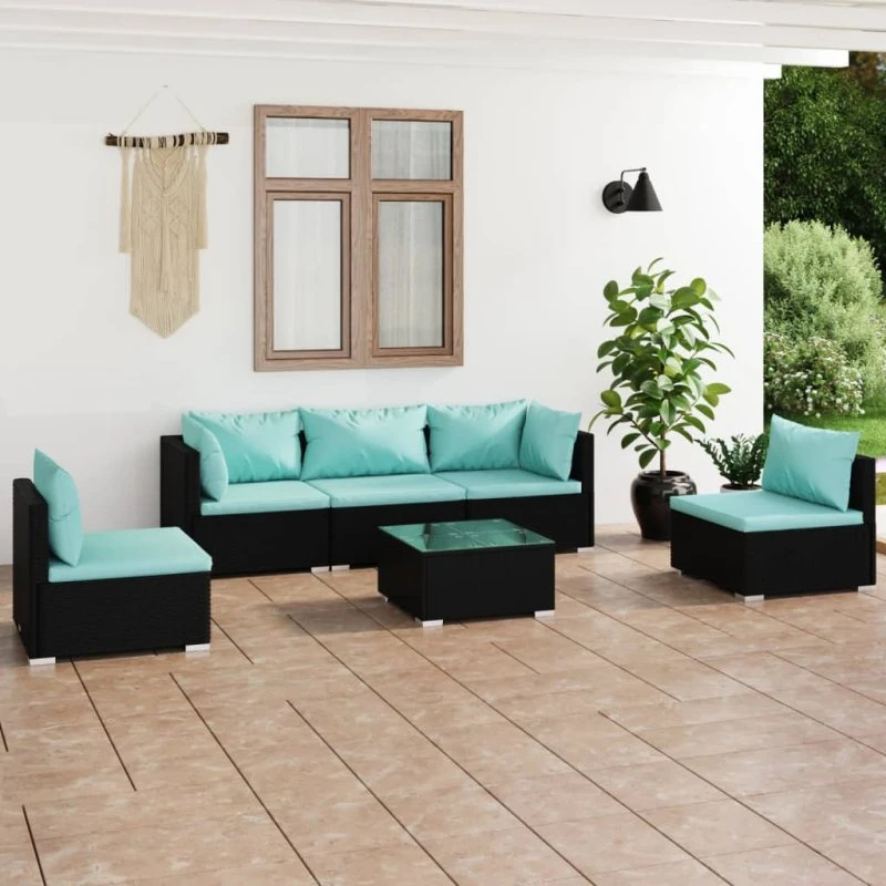 vidaXL 6-deligt loungesæt med polyrattan og hynder, sort