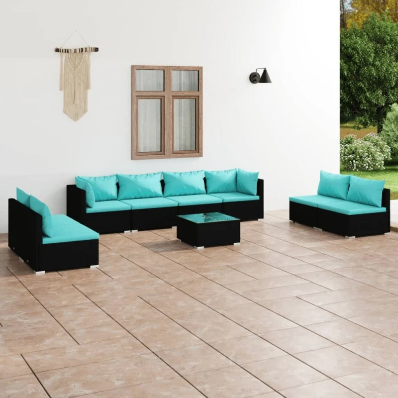 vidaXL 9-deligt loungesæt med polyrattan og hynder, sort