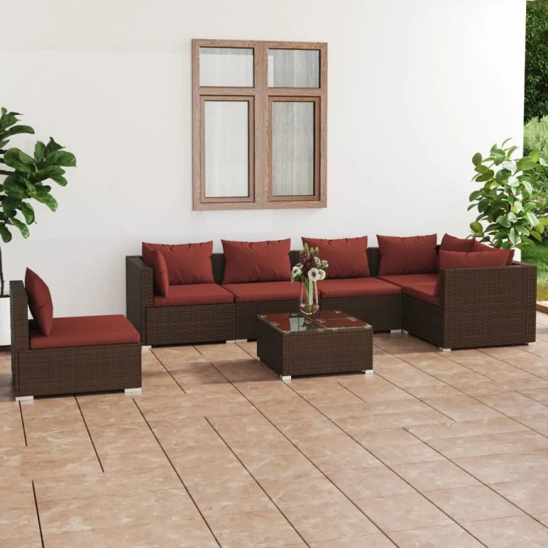 vidaXL 7-delers loungesæt med hynder, polyrattan brun