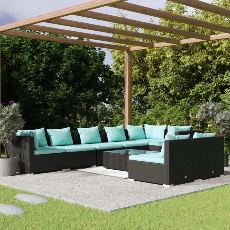 vidaXL 9-delens loungesæt med polyrattan og hynder, sort