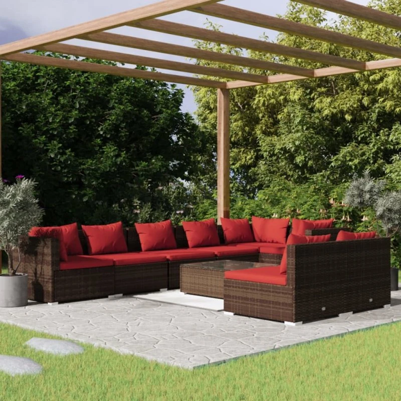 vidaXL 9-deles loungesæt med hynder i polyrattan brun