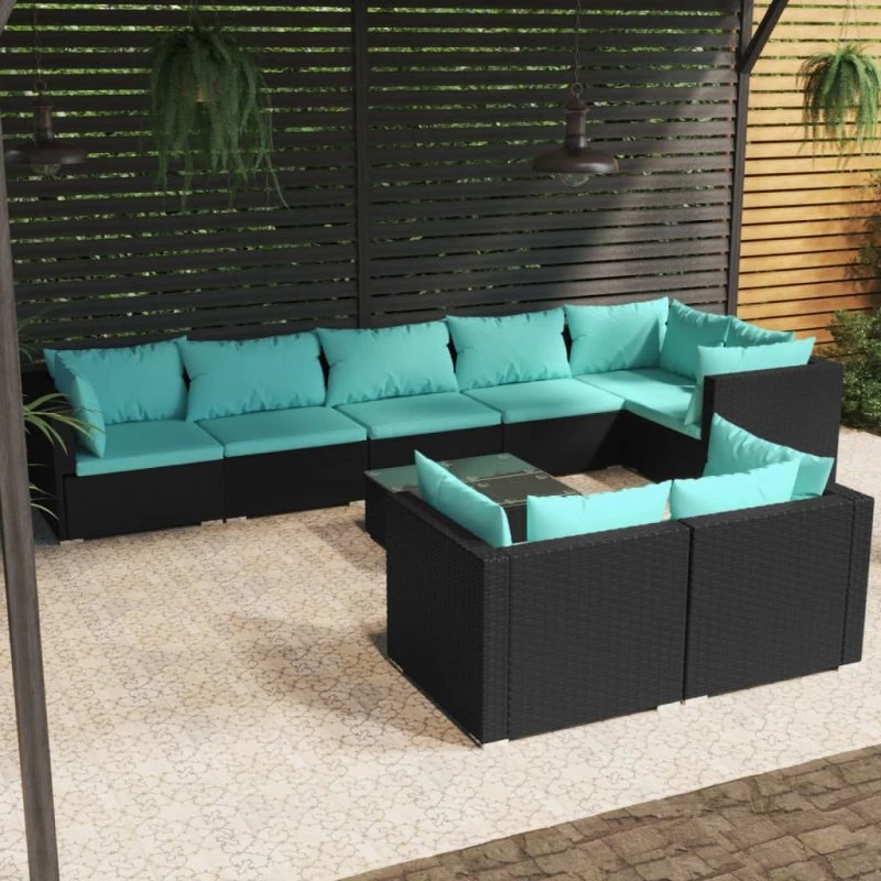 vidaXL 9-deligt loungesæt med polyrattan og hynder, sort