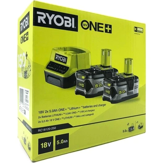 Ryobi ONE+ 18V 5,0 Ah Batterisæt med 2x Batterier og Lader