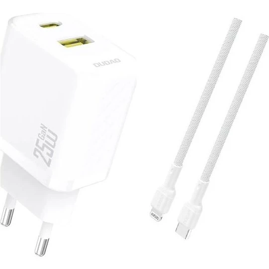 Dudao A26TEUL GaN 25W Hvid USB-C+USB-A med Lightning-kabel