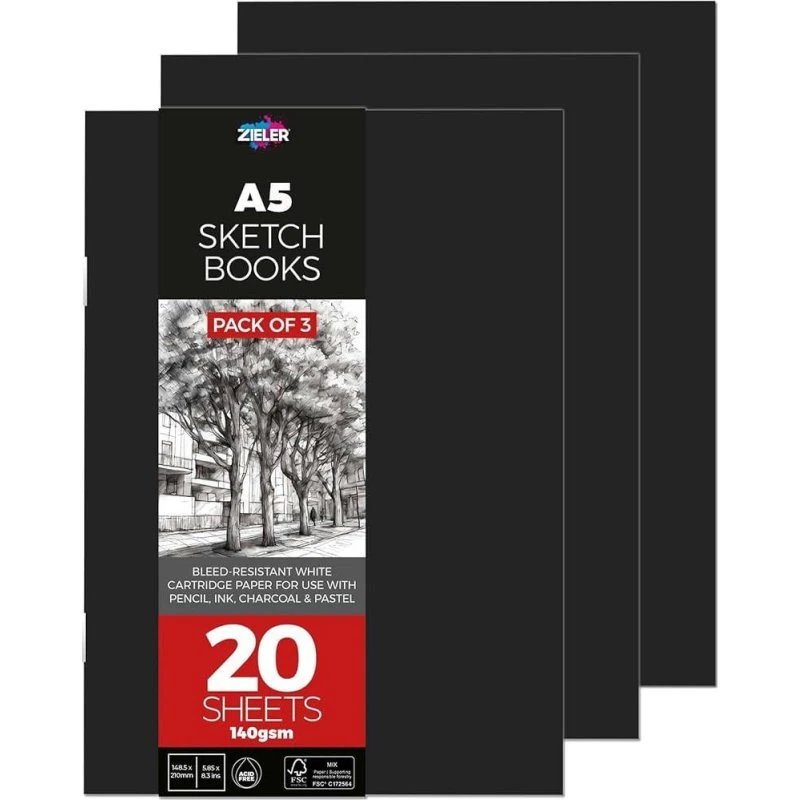 Zieler A5 Skitsebog, 20 Ark, 140gsm, Hvidt Papir, Blødt Omslag