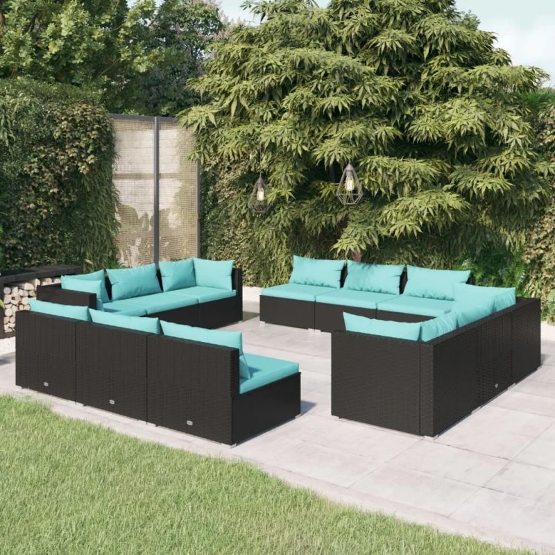 vidaXL 12-del. loungesæt med hynder, polyrattan, sort
