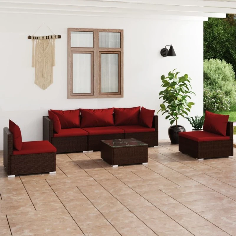 vidaXL 6-deles loungesæt med hynder i brun polyrattan