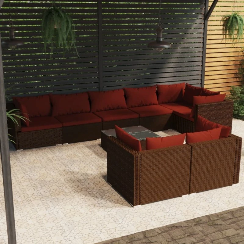 vidaXL 9-deles loungesæt med hynder i polyrattan brun