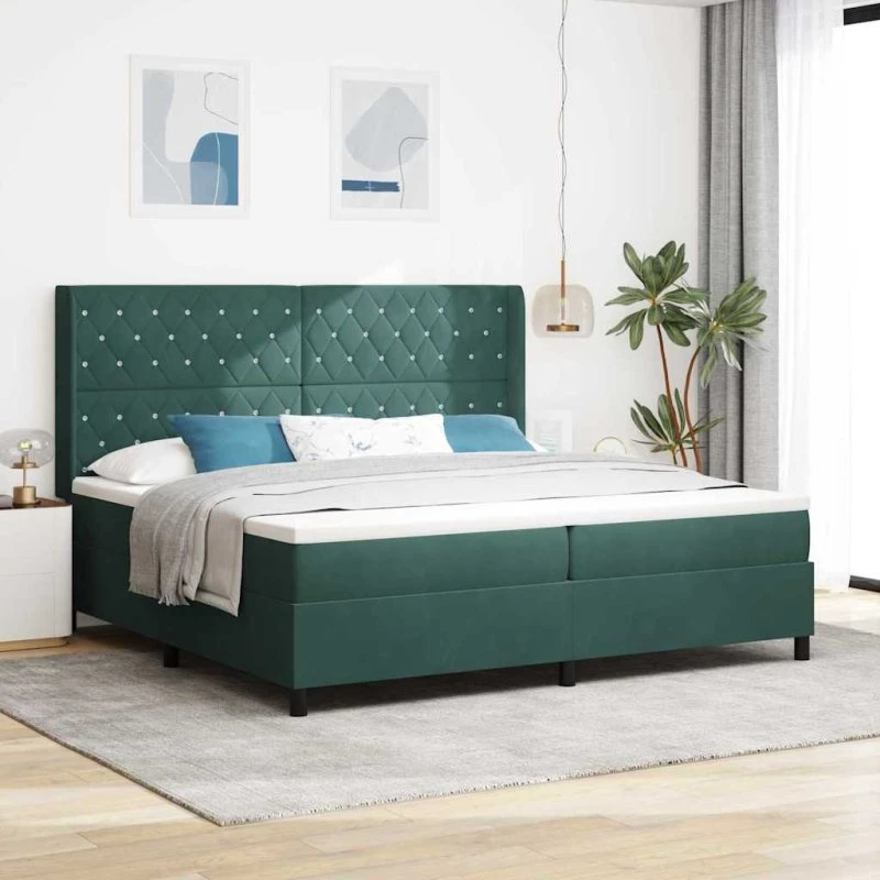 vidaXL Box Spring Seng med LED, Mørkegrøn 200 x 200 cm, Fløjl