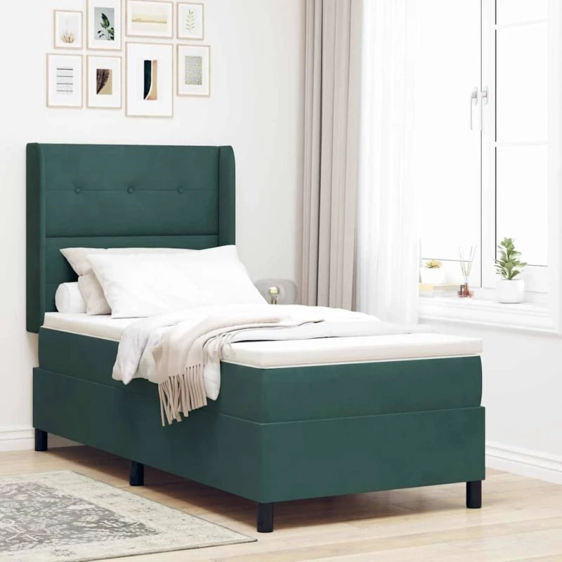 vidaXL LED Boxspring Seng 90x190 cm Mørkegrøn Fløjl