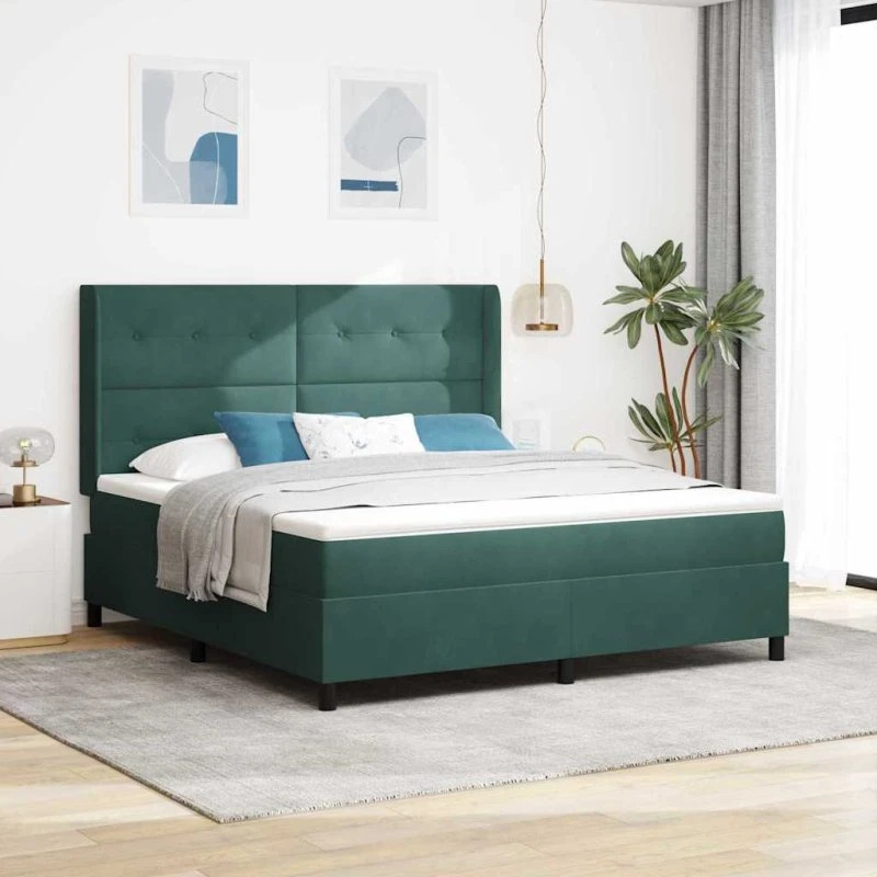 vidaXL LED Boxspring Seng 180x200 cm Mørkegrøn Fløjl
