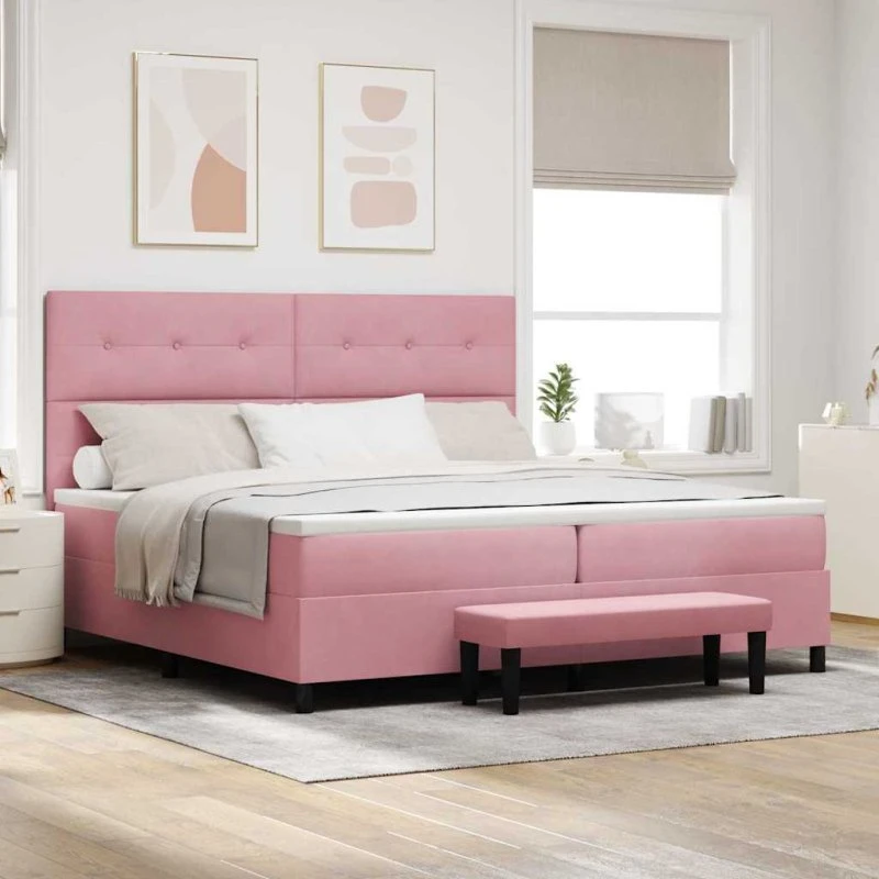 vidaXL Boxspring Seng med Madras Lyserød 200x200 cm Fløjl