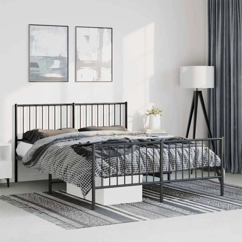 vidaXL Sengeramme 135x190 cm metal sort med sengegavl og fodgærde
