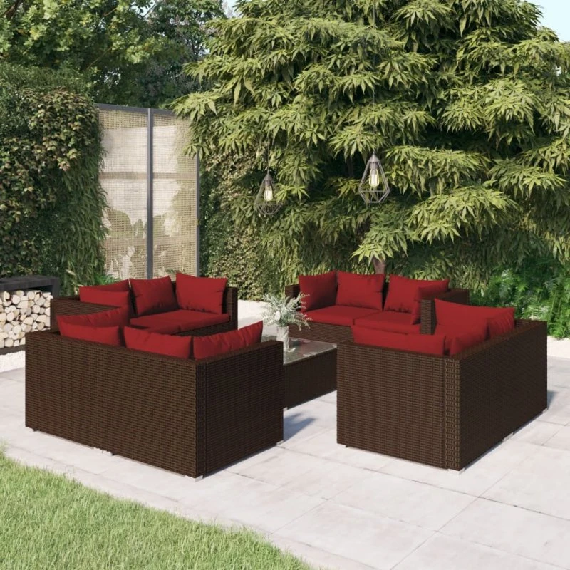 vidaXL 9-deligt loungesæt med hynder i polyrattan brun