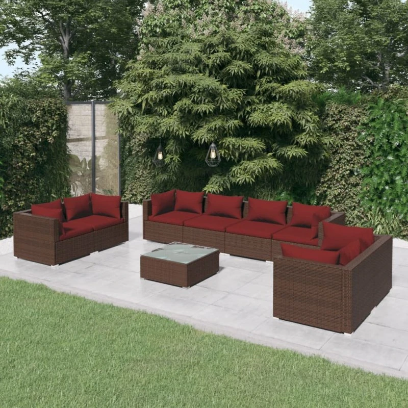 vidaXL 9-deligt loungesæt med hynder i brun polyrattan