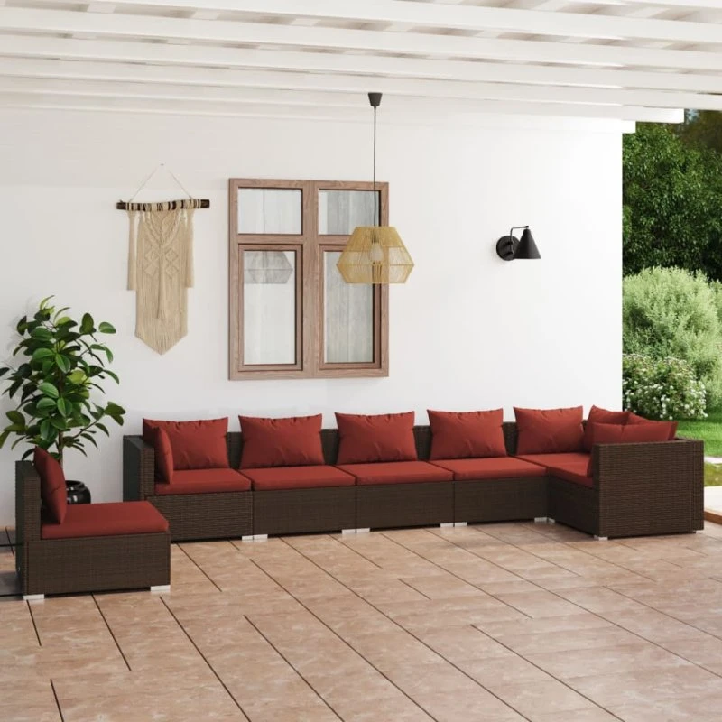 vidaXL 7-delers loungesæt polyrattan brun med hynder