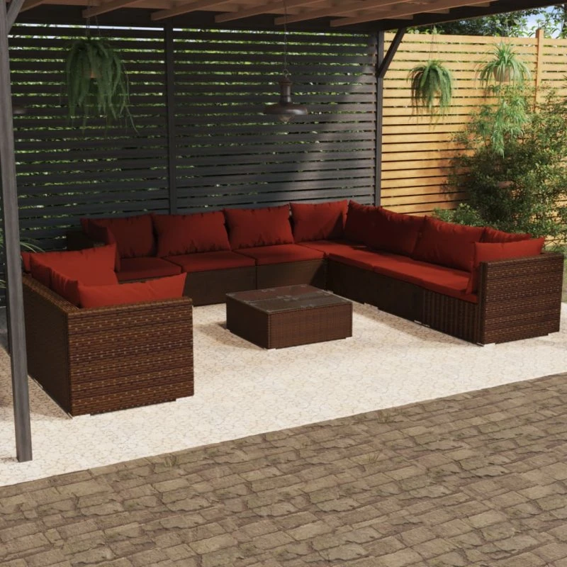 vidaXL 10-deligt loungesæt med hynder i polyrattan brun