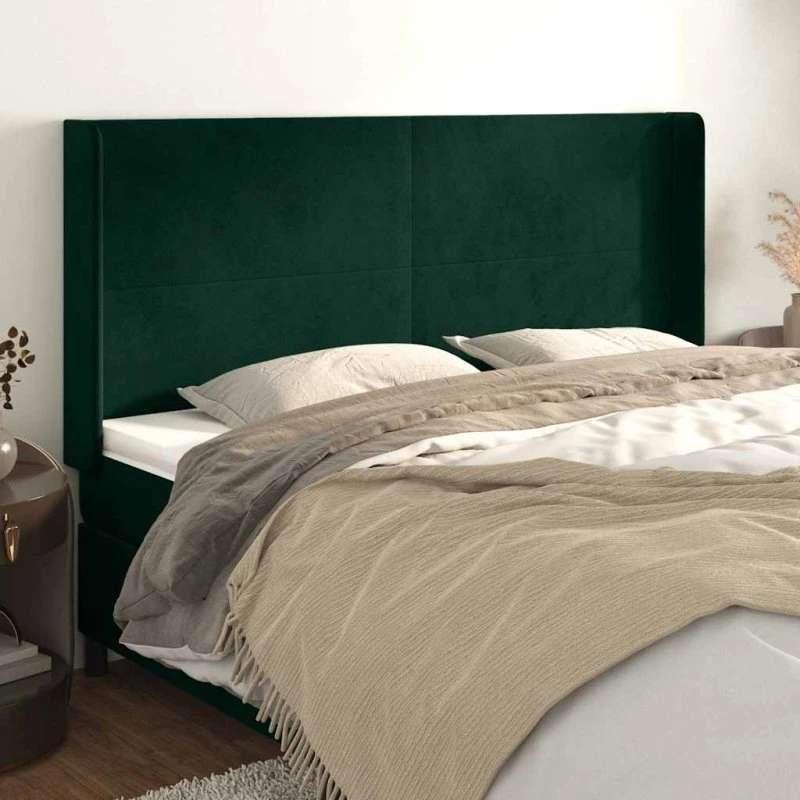 vidaXL Sengegavl med Kanter 163x16x118/128 cm, Fløjl, Mørkegrøn