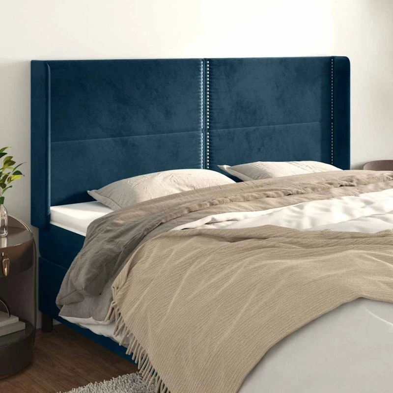 vidaXL Sengegavl med Kanter 163x16x118/128 cm, Fløjl, Mørkeblå