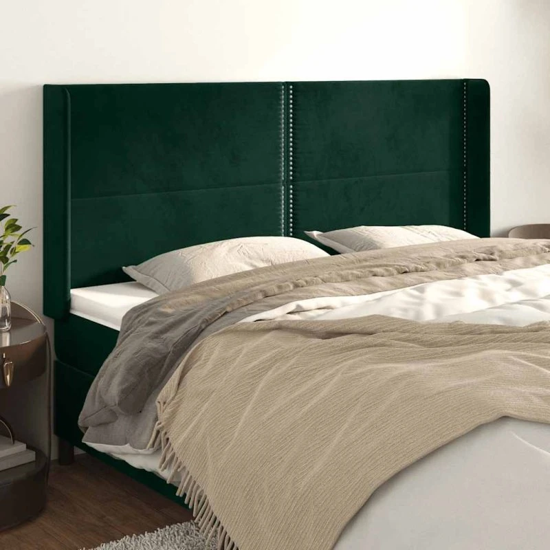 vidaXL Sengegavl med Kanter 203x16x118/128 cm, Fløjl, Mørkegrøn