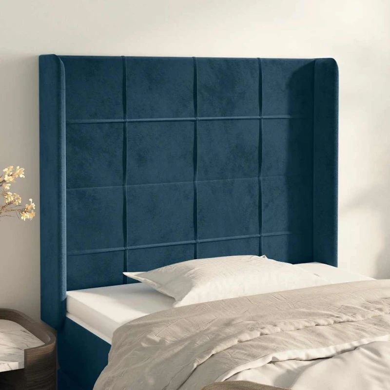 vidaXL Sengegavl med Kanter 103x16x118/128 cm, Mørkeblå Fløjl
