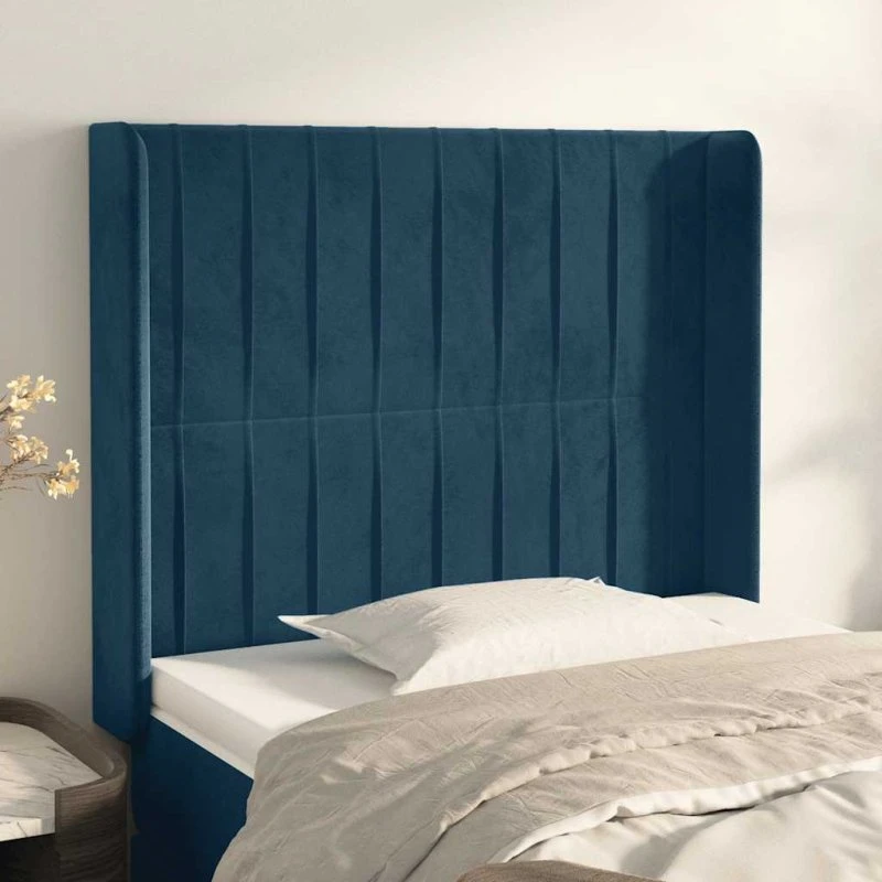 vidaXL Sengegavl med Kanter 103x16x118/128 cm, Mørkeblå, Fløjl