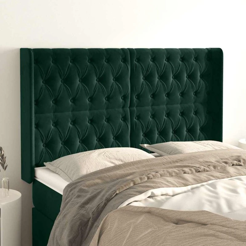 vidaXL Sengegavl med Kanter 163x16x118/128 cm, Fløjl, Mørkegrøn
