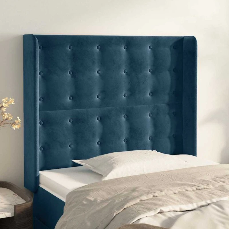 vidaXL Sengegavl med Kanter 103x16x118/128 cm, Mørkeblå, Fløjl