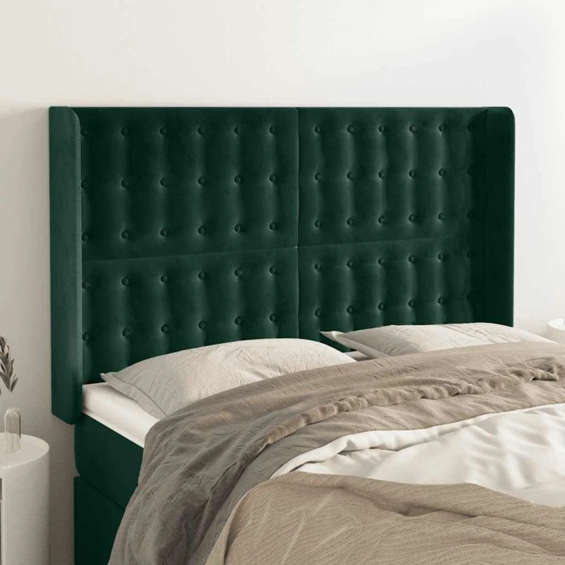 vidaXL Sengegavl med Kanter 147x16x118/128 cm, Fløjl, Mørkegrøn