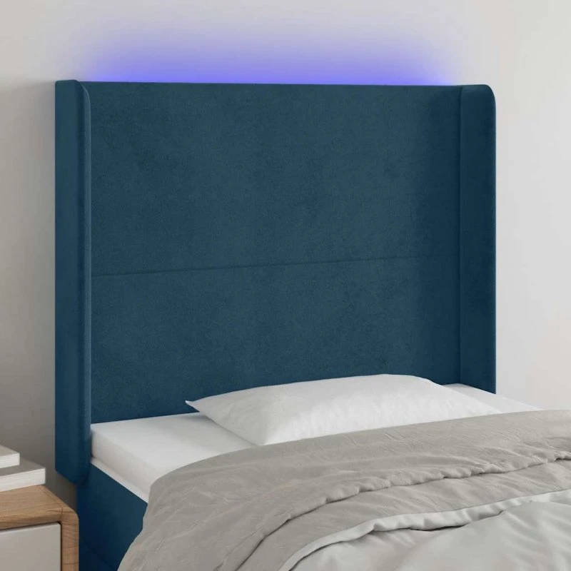 vidaXL Sengegavl med LED-lys 103x16x118/128 cm, fløjl, mørkeblå