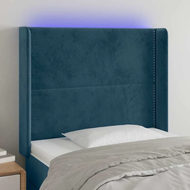 vidaXL Sengegavl med LED-lys 83x16x118/128 cm, fløjl, mørkeblå