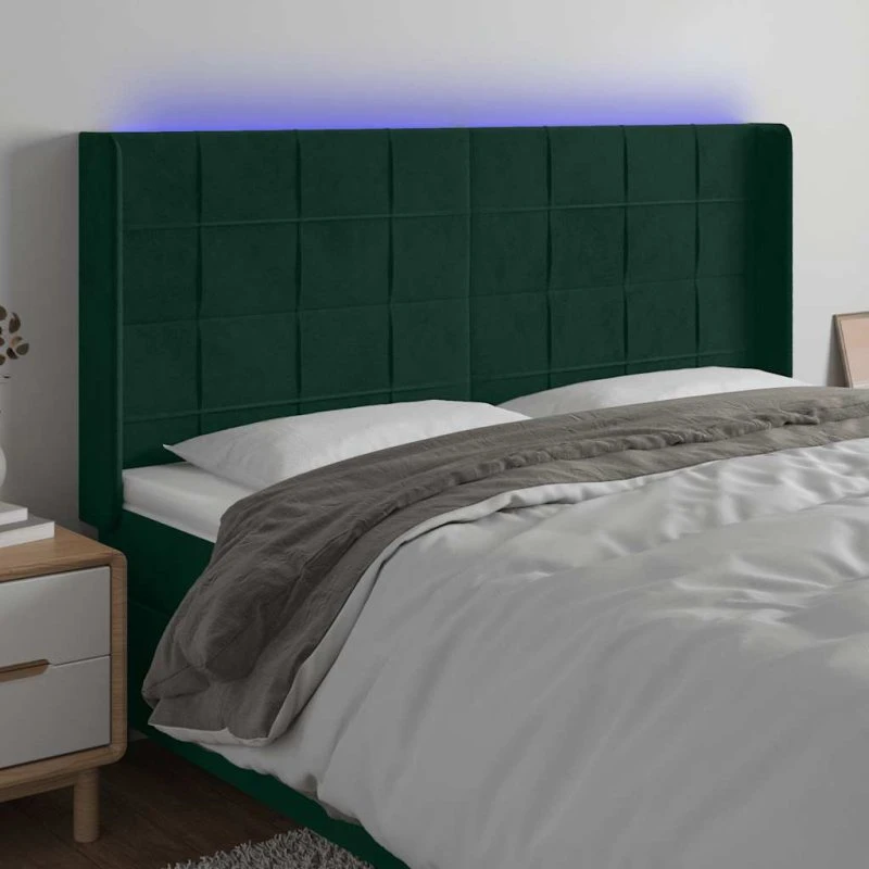 vidaXL Sengegavl med LED-lys 203x16x118/128 cm mørkegrøn fløjl