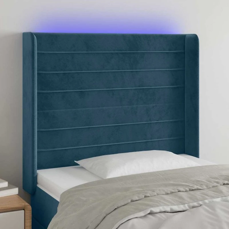vidaXL Sengegavl med LED-lys 93x16x118/128 cm, mørkeblå fløjl
