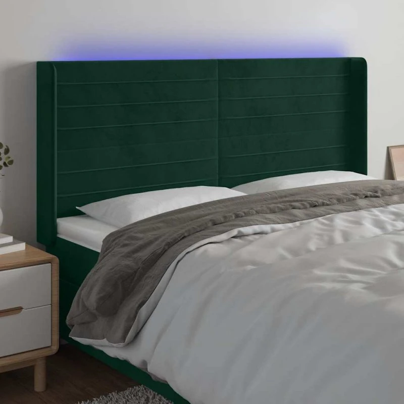 vidaXL Sengegavl med LED-lys 203x16x118/128 cm fløjl mørkegrøn
