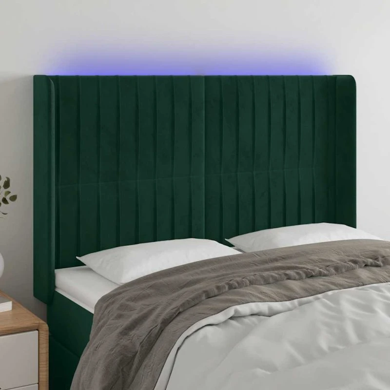 vidaXL Sengegavl med LED-lys 147x16x118/128 cm mørkegrøn