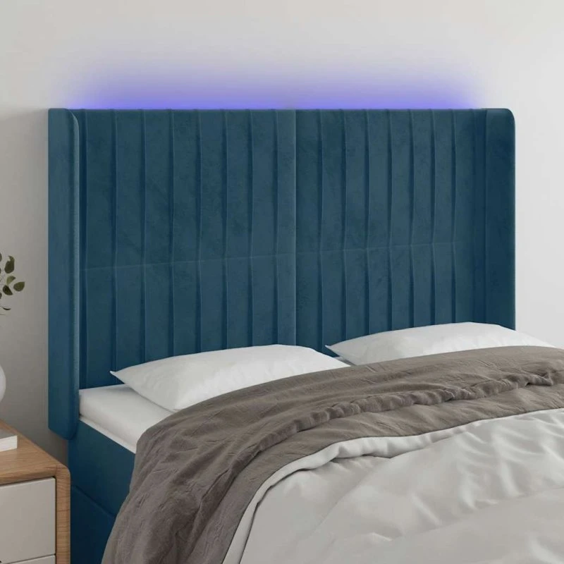 vidaXL Sengegavl med LED-lys 147x16x118/128 cm mørkeblå fløjl