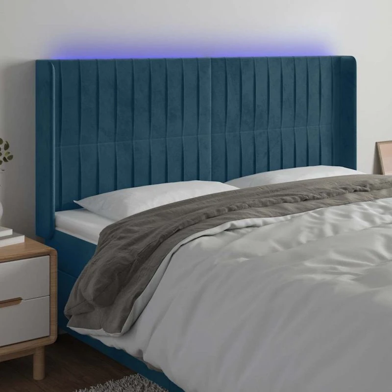vidaXL Sengegavl med LED-lys 203x16x118/128 cm, fløjl, mørkeblå