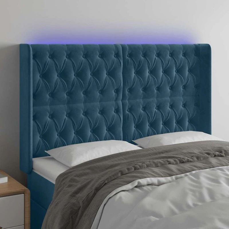 vidaXL Sengegavl med LED-lys 147x16x118/128 cm mørkeblå fløjl